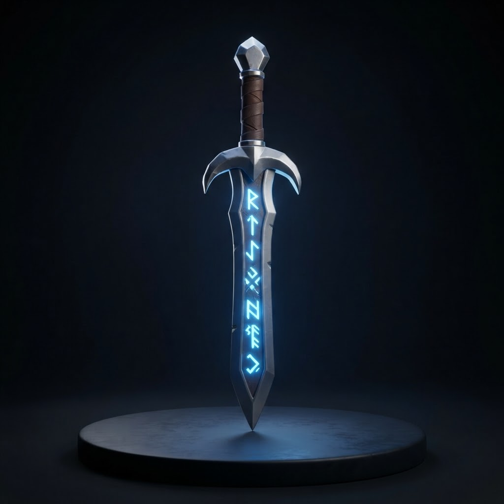 3D model of a glowing rune longsword